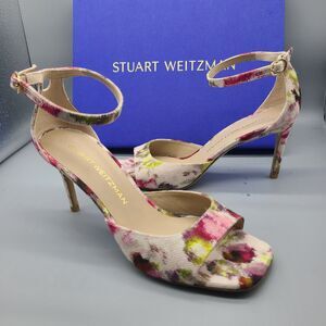 STUART WEITZMAN JACQUARD Sandals Floral Fabric Heels Ankle Strap Sz 8 New